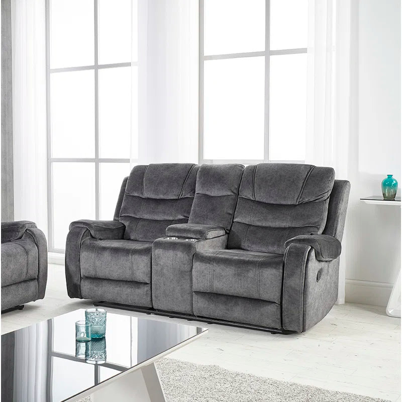 Anna 2 Seat Grey Velvet Manual Recliner Sofa with Centre Console & Cupholders