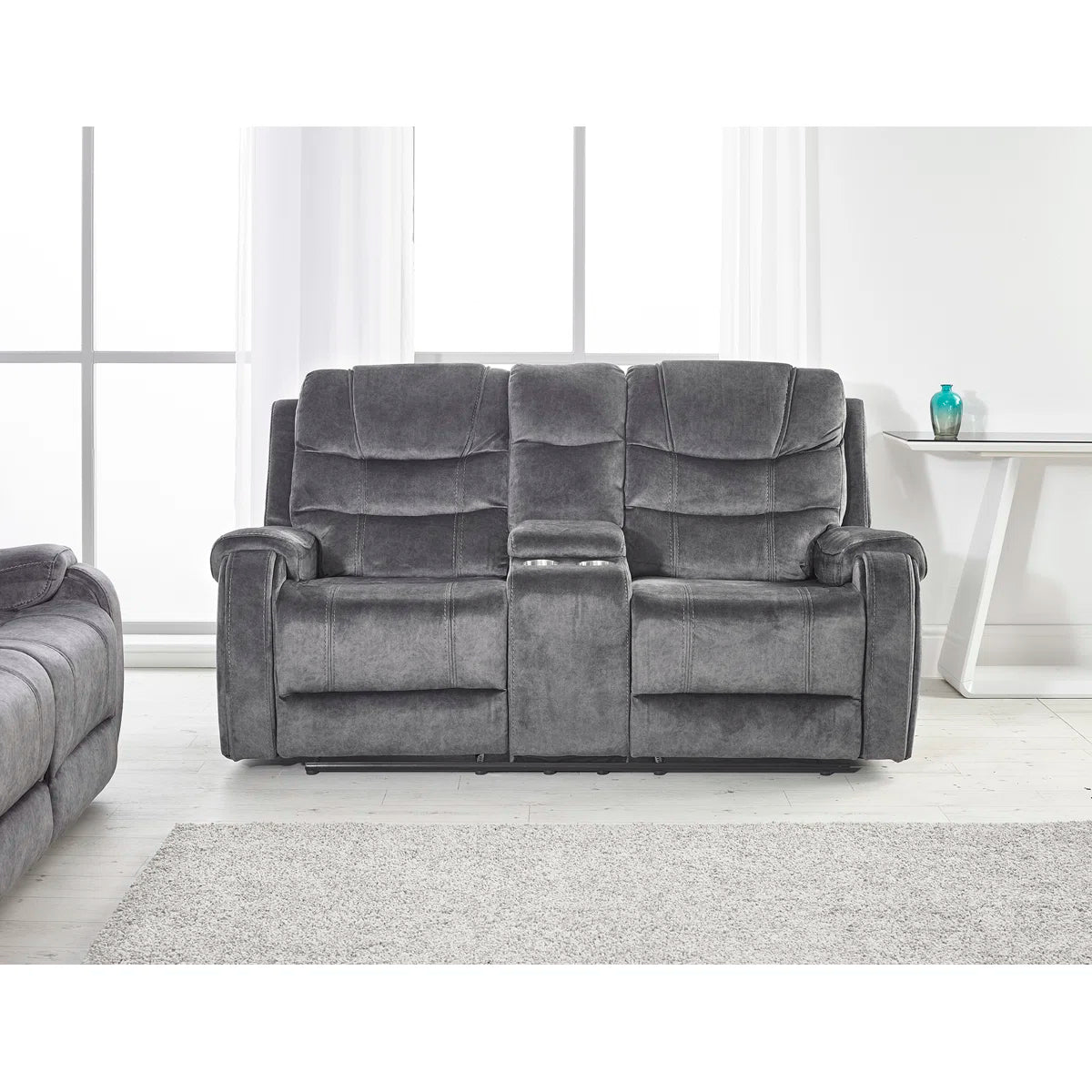 Anna 2 Seat Grey Velvet Manual Recliner Sofa with Centre Console & Cupholders
