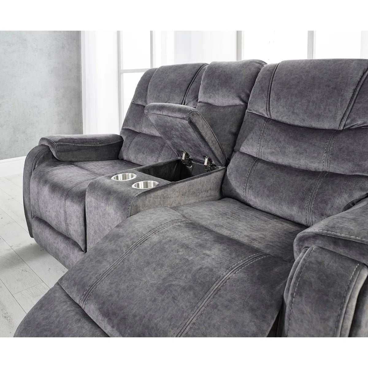Anna 2 Seat Grey Velvet Manual Recliner Sofa with Centre Console & Cupholders