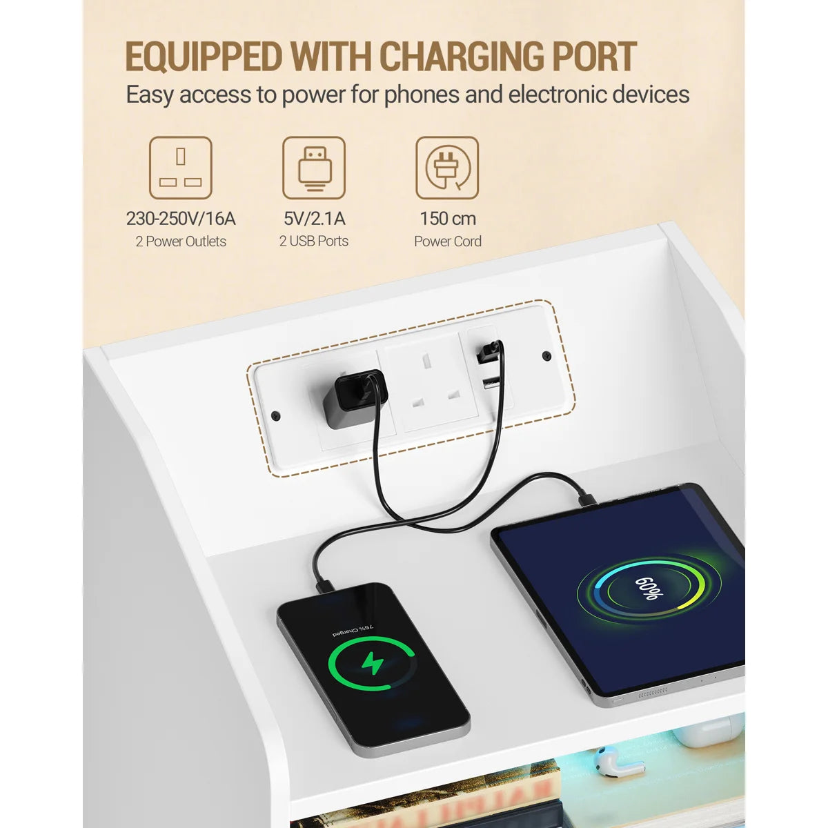 2 Drawer White Multi Colour LED Bedside with Plugs & Chargers
