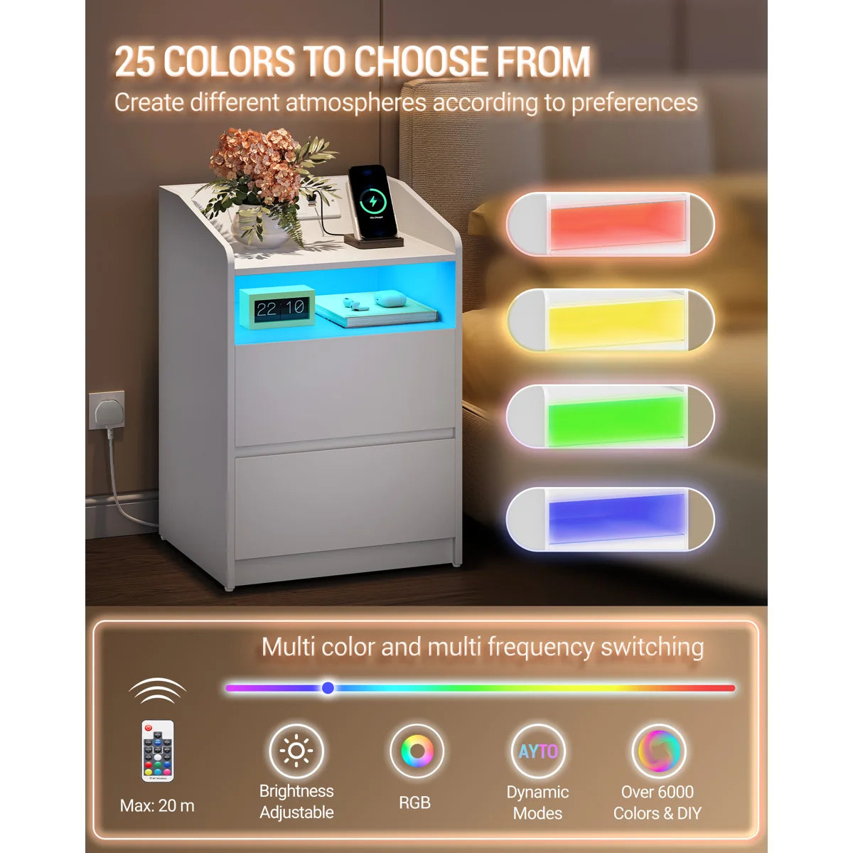 2 Drawer White Multi Colour LED Bedside with Plugs & Chargers
