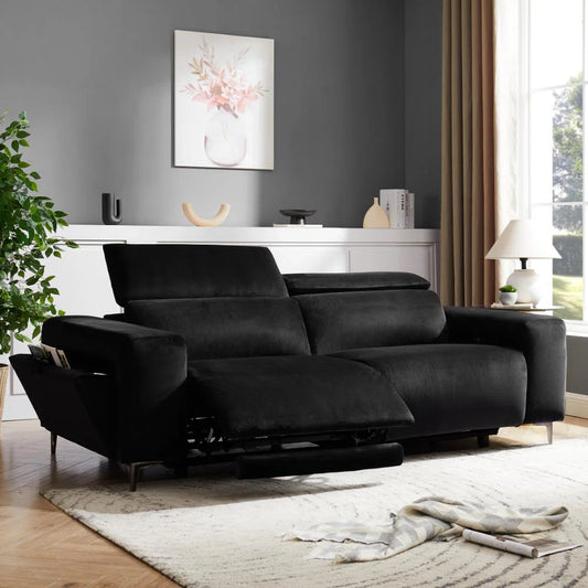 Bella 3 Seater Black Plush Electric Reclining Sofa with Pull Out Storage & USB