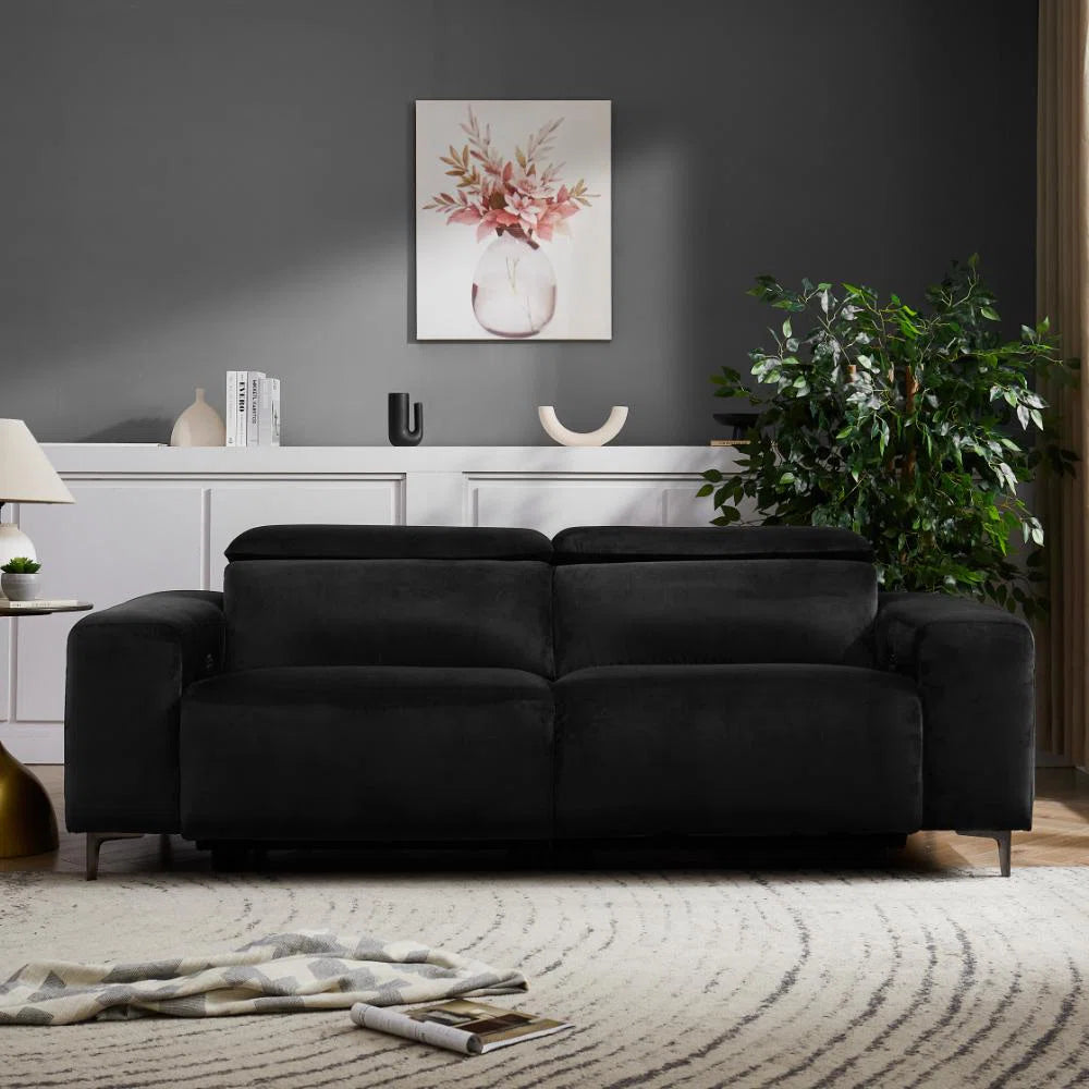 Bella 3 Seater Black Plush Electric Reclining Sofa with Pull Out Storage & USB