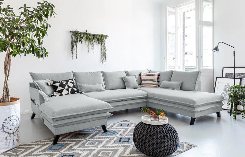 Charles 8 Seat Grey Linen Corner Sofa Bed with Storage Chaise