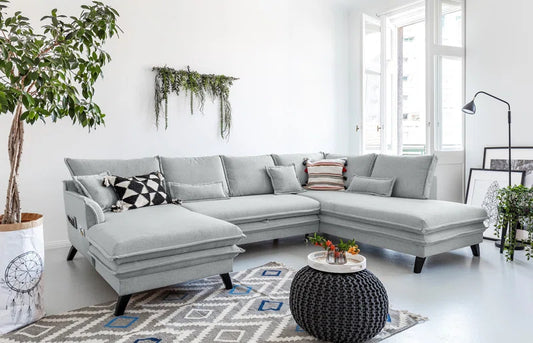 Charles 8 Seat Grey Linen Corner Sofa Bed with Storage Chaise