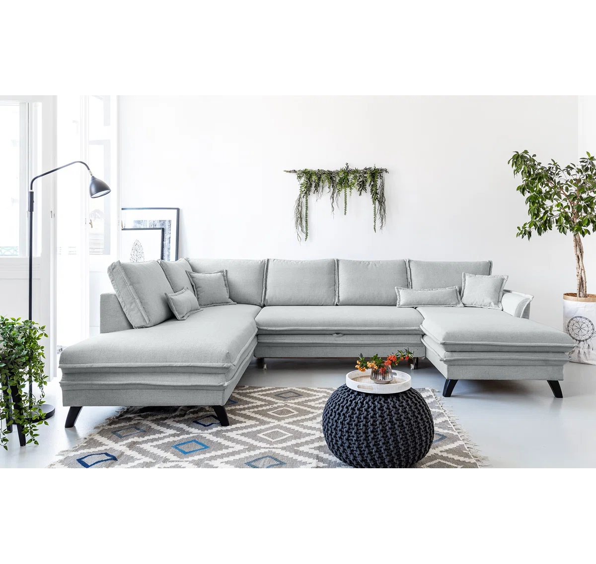 Charles 8 Seat Grey Linen Corner Sofa Bed with Storage Chaise