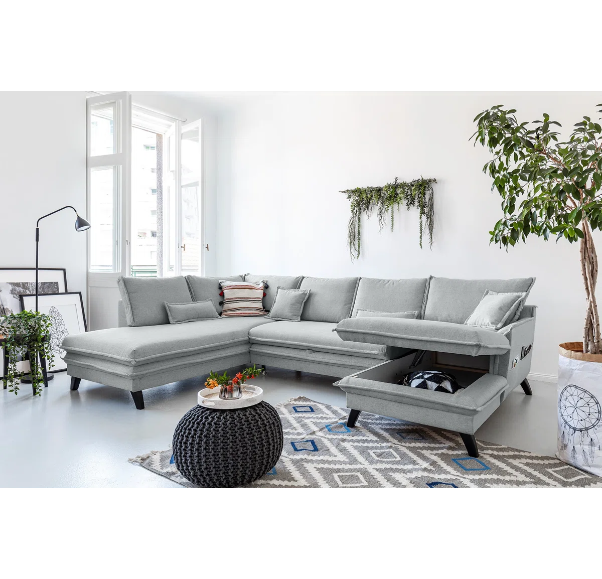 Charles 8 Seat Grey Linen Corner Sofa Bed with Storage Chaise
