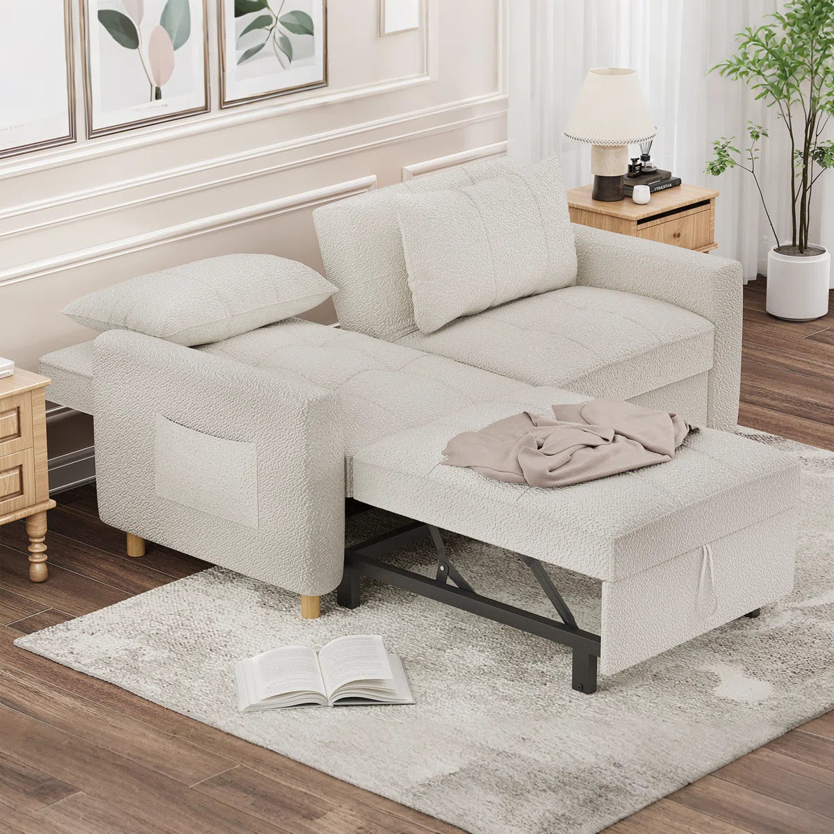 Blanche White Teddy Boucle Pull Out Sofa Bed