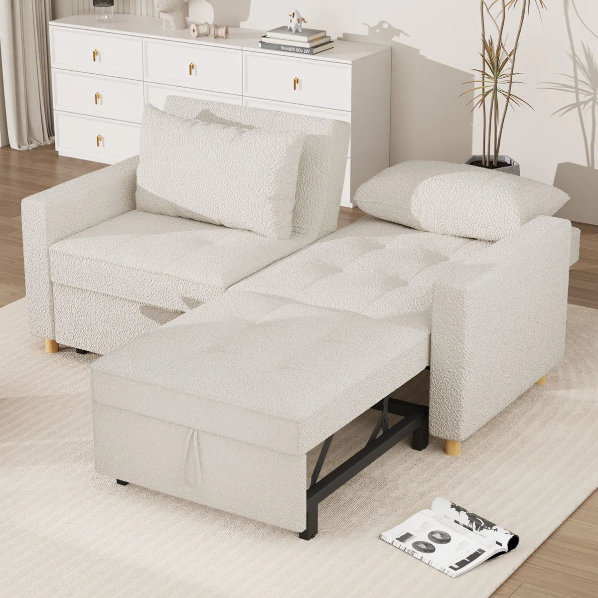Blanche White Teddy Boucle Pull Out Sofa Bed
