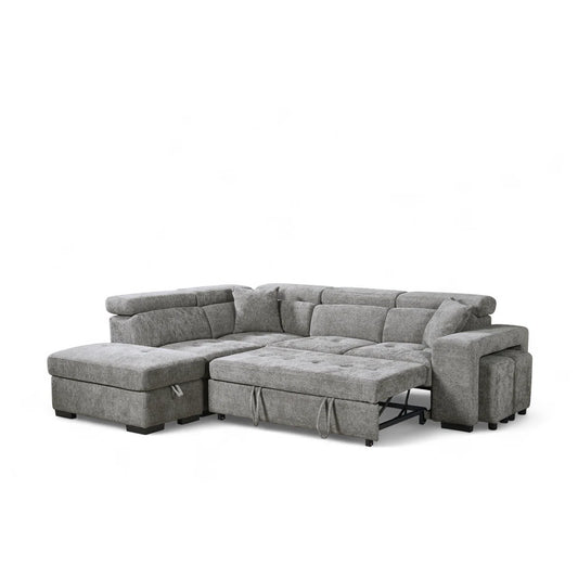 Casper 4 Seat Grey Chenille Sofa Bed with Storage Ottoman and Side Stools