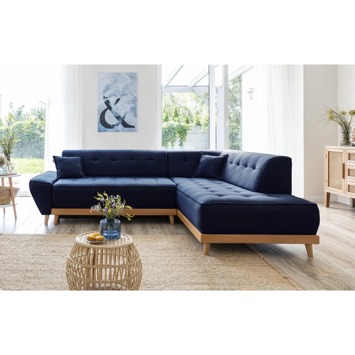 Buttercup 6 Seat Navy Linen Right Chaise Corner Sofa Bed