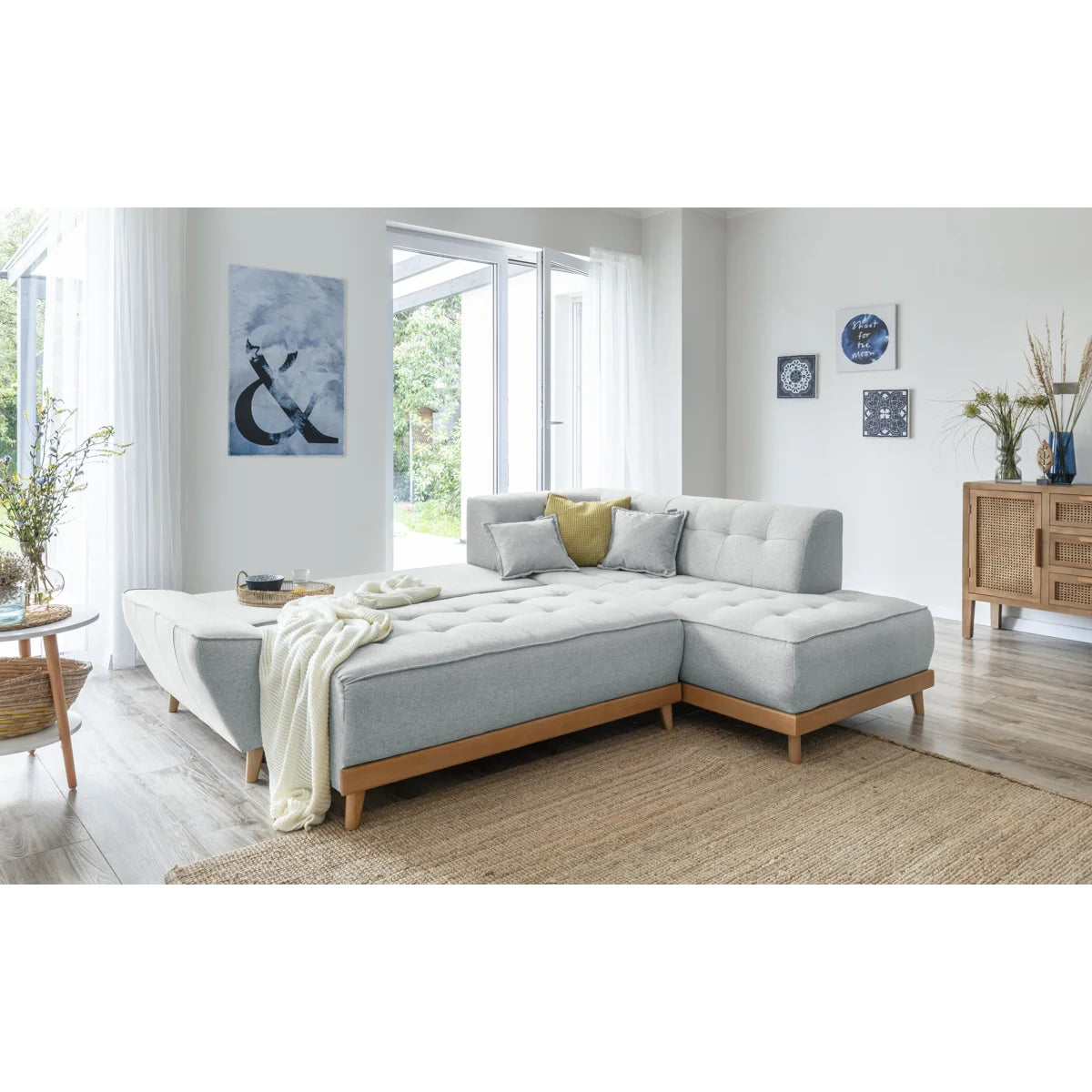Buttercup 6 Seat Grey Linen Right Chaise Storage Sofa Bed