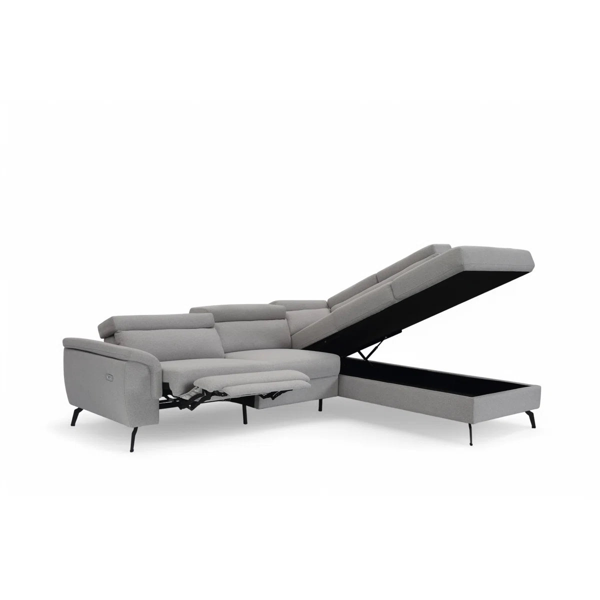 Chiquita 5 Seat Grey Linen Corner Sofa with Electric Recliner, Storage Chaise & USB Charging Points