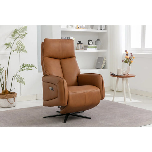 Devon Real Leather Tan Reclining Swivel Chair