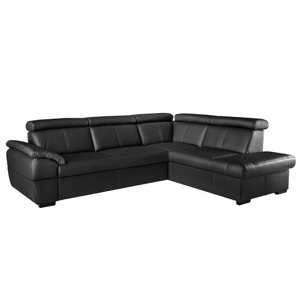 Athena 5 Seat Black Real Leather Corner Sofa Bed with Adjustable Headrest & Storage Chaise