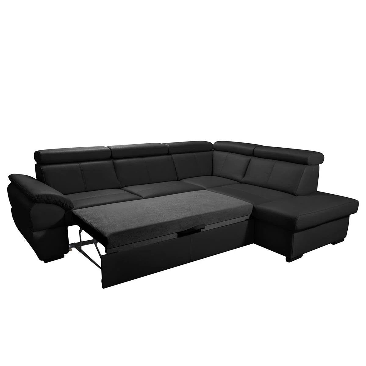 Athena 5 Seat Black Real Leather Corner Sofa Bed with Adjustable Headrest & Storage Chaise