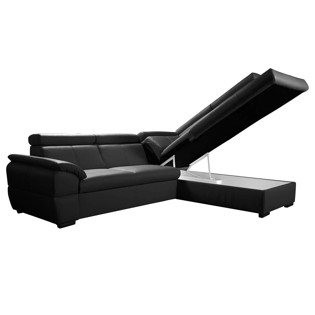 Athena 5 Seat Black Real Leather Corner Sofa Bed with Adjustable Headrest & Storage Chaise