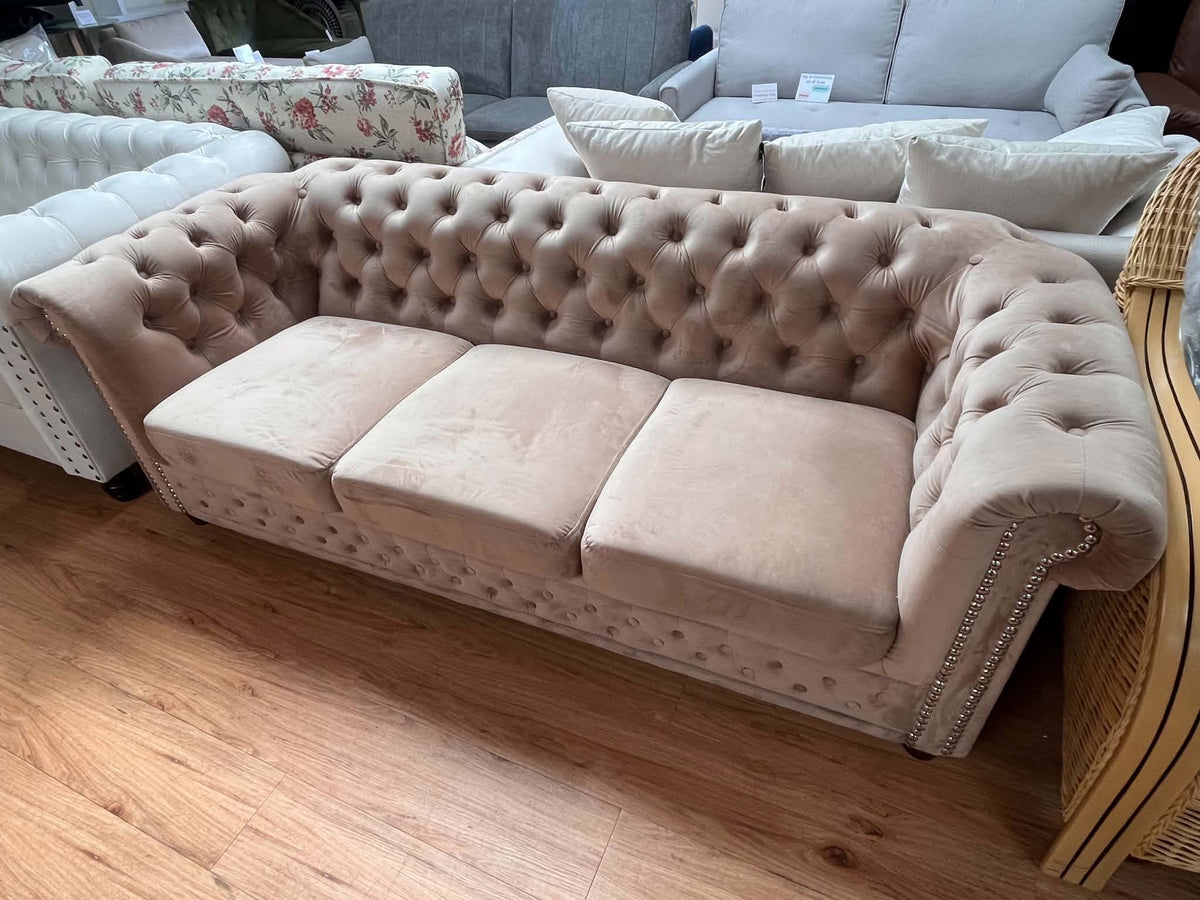 Eliza 3 Seat Champagne Velvet Chesterfield Sofa