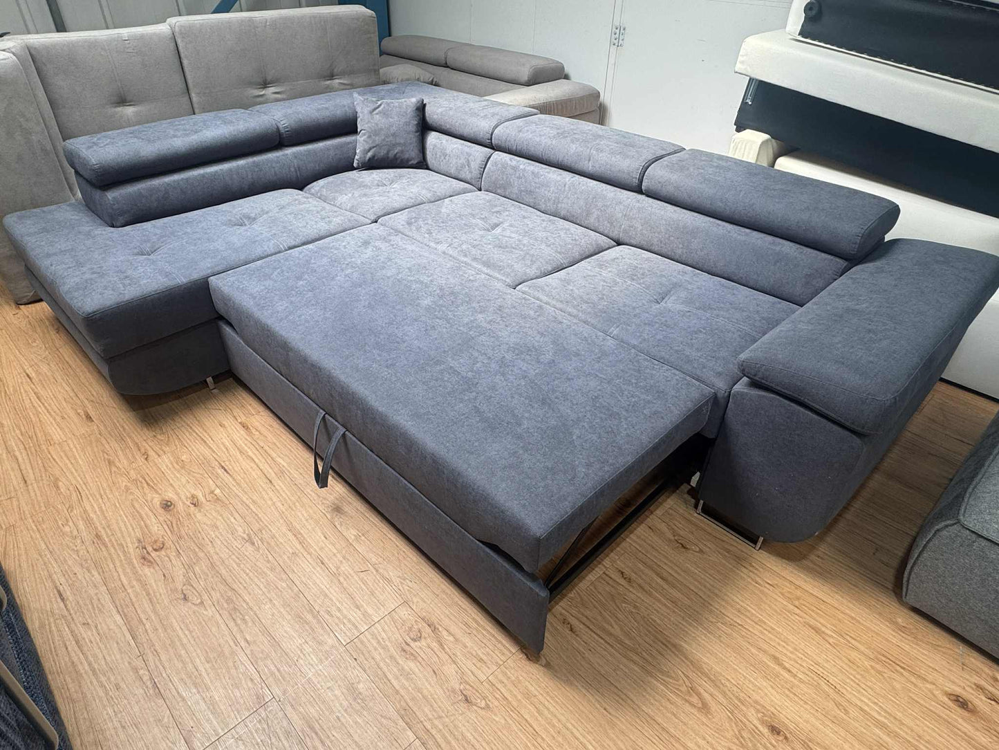 Julius Grey Faux Leather Corner Sofa Bed with Storage Chaise
