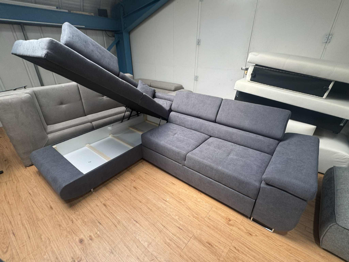 Julius Grey Faux Leather Corner Sofa Bed with Storage Chaise