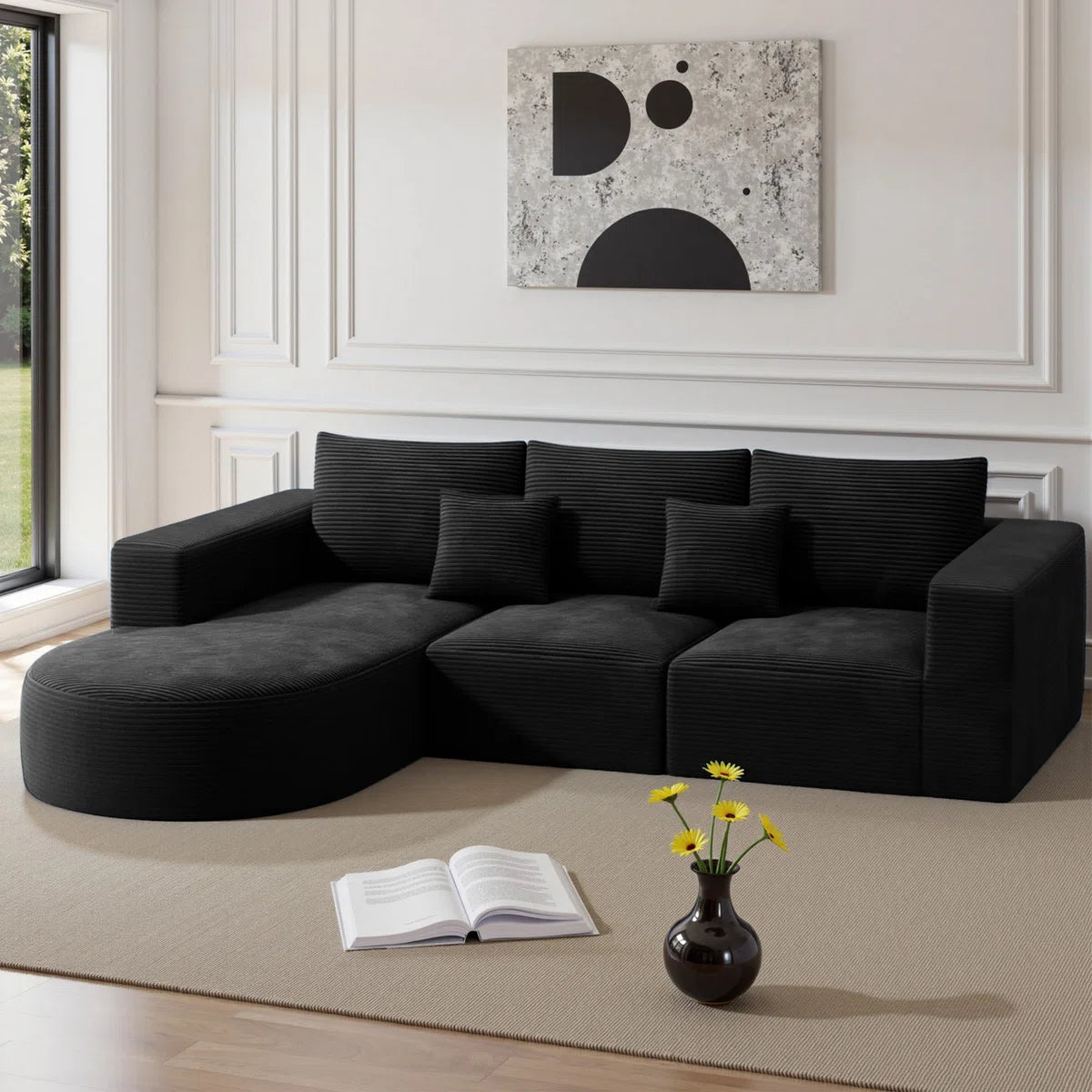 Fielding 3 Seat Black Cord Foam Corner Sofa