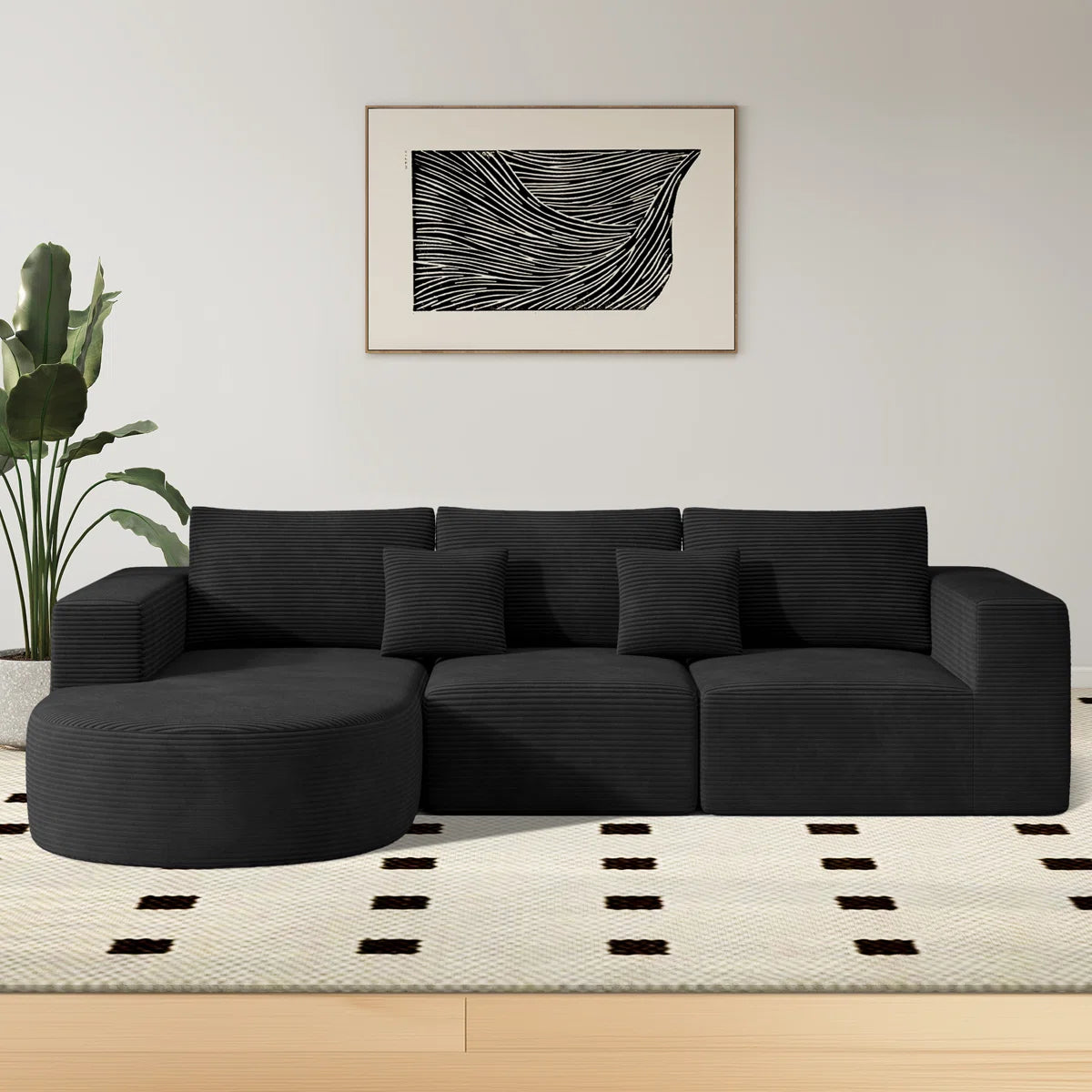Fielding 3 Seat Black Cord Foam Corner Sofa