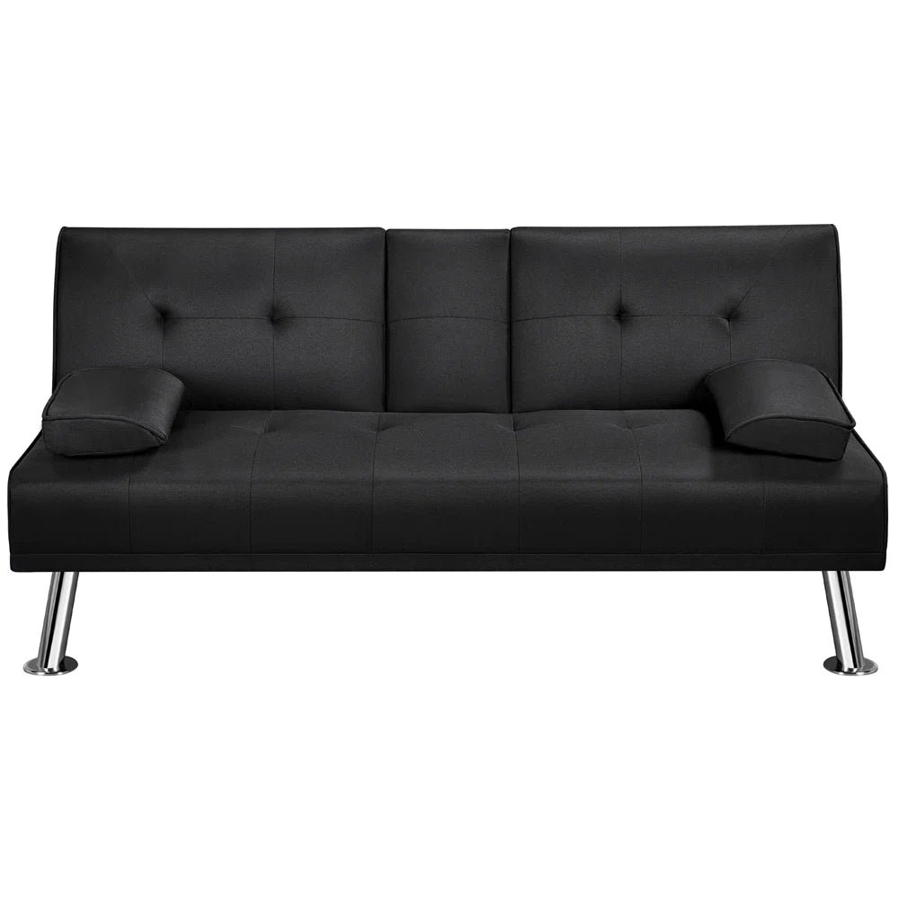 Archie 3 Seat Black Upholstered Clic Clac Futon Sofa Bed with Cup Holder Console