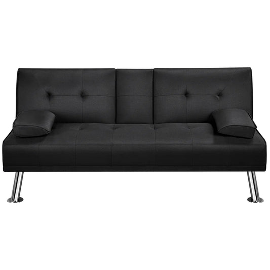 Archie 3 Seat Black Upholstered Clic Clac Futon Sofa Bed with Cup Holder Console