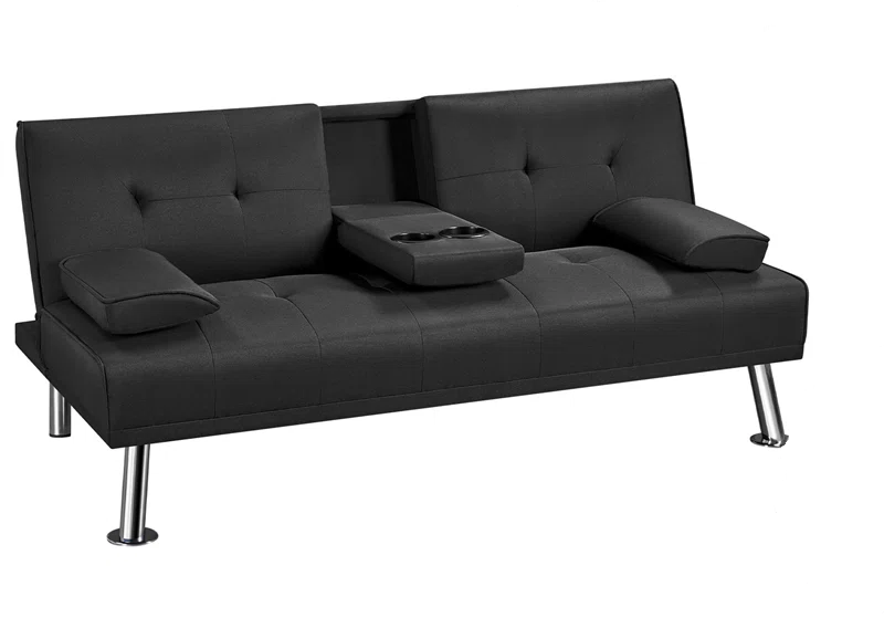 Archie 3 Seat Black Upholstered Clic Clac Futon Sofa Bed with Cup Holder Console