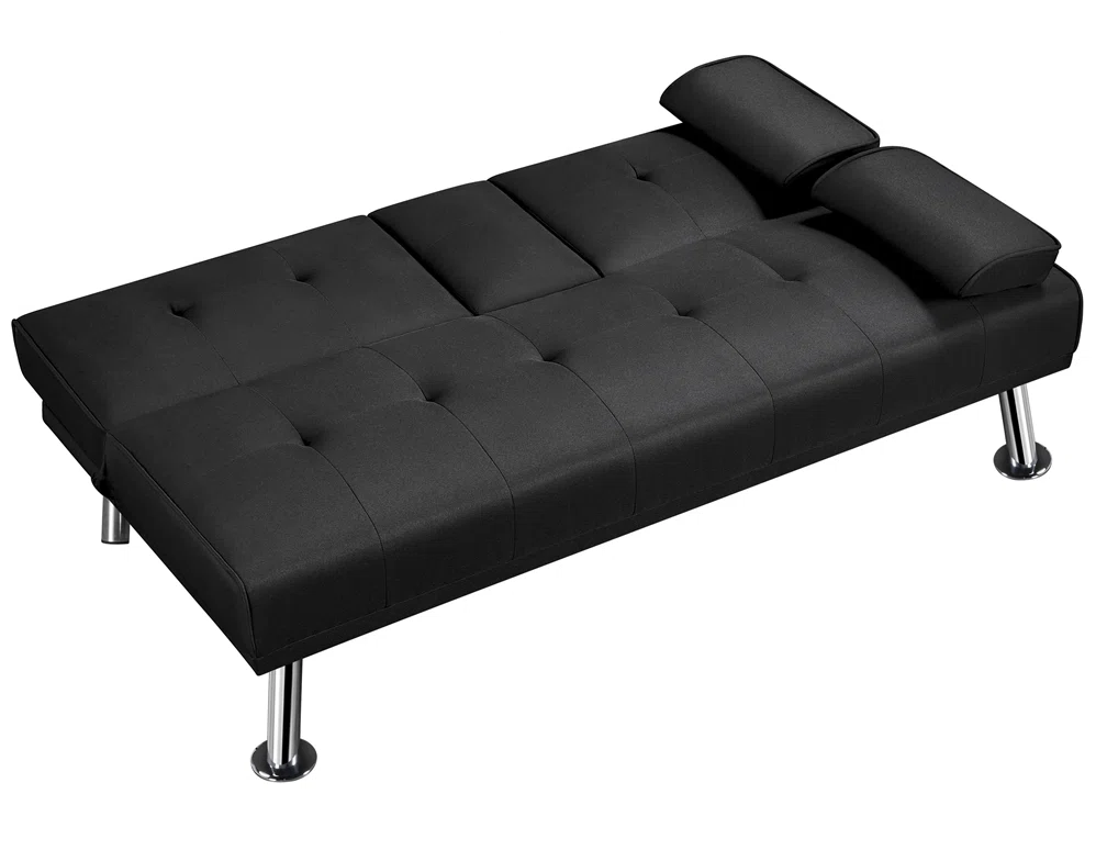 Archie 3 Seat Black Upholstered Clic Clac Futon Sofa Bed with Cup Holder Console