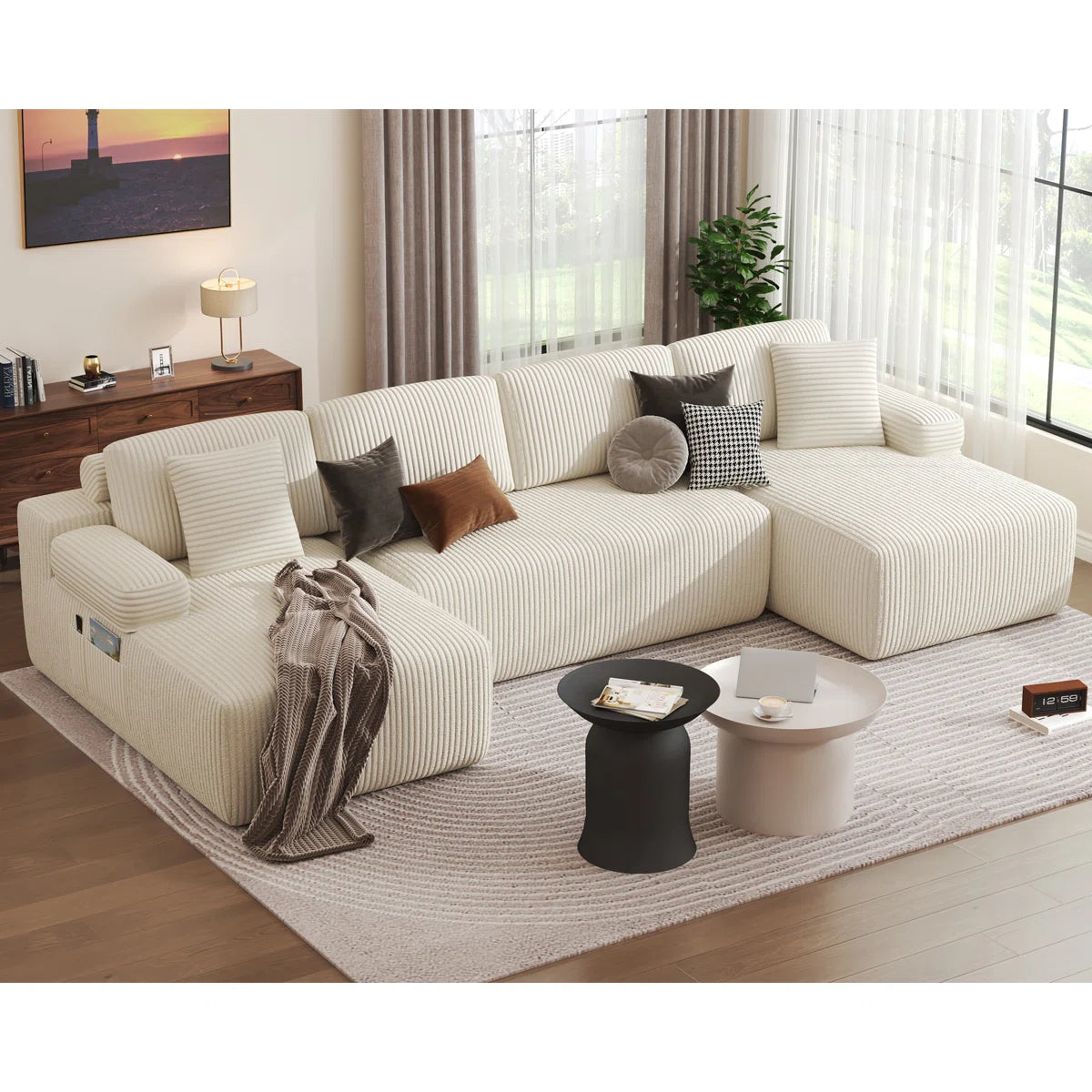 Jago Adjustable 4 Seat Cream Jumbo Cord Corner Sofa Bed