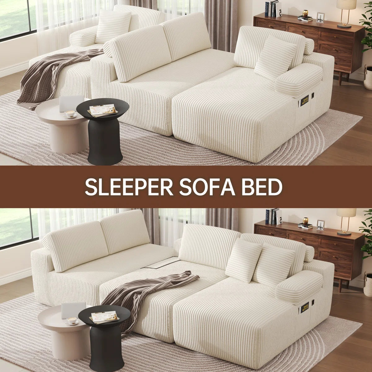 Jago 4 Seat Cream Jumbo Cord Adjustable Corner Sofa Bed