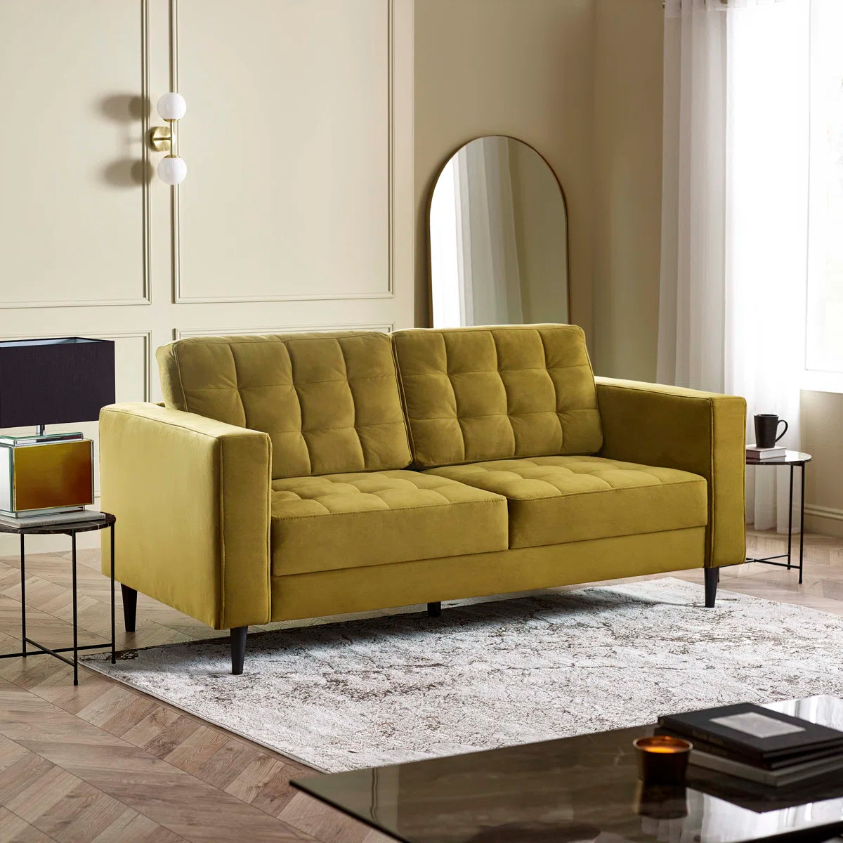 Jodie 3 Seat Mustard Velvet Retro Sofa