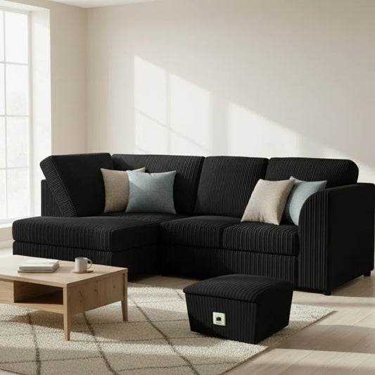 Isabel 4 Seat Black Jumbo Cord Corner Sofa & Foot Stool