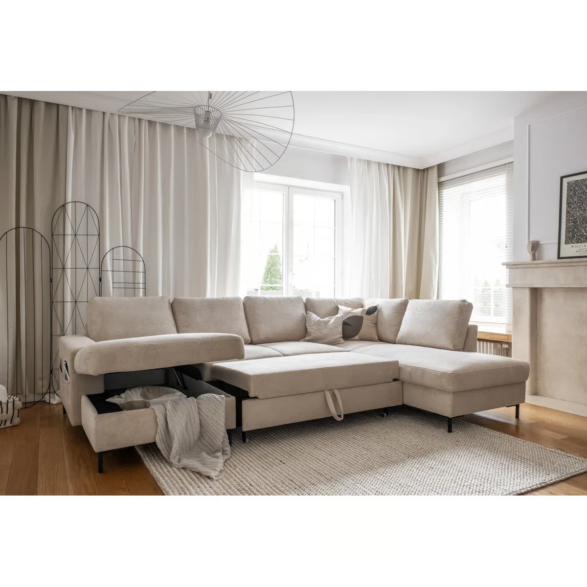 Lily 8 Seater Beige Left Hand Upholstered Corner Sofa Bed