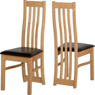 AIN Pair of Oak Veneer/Brown Faux Leather Dining Chairs