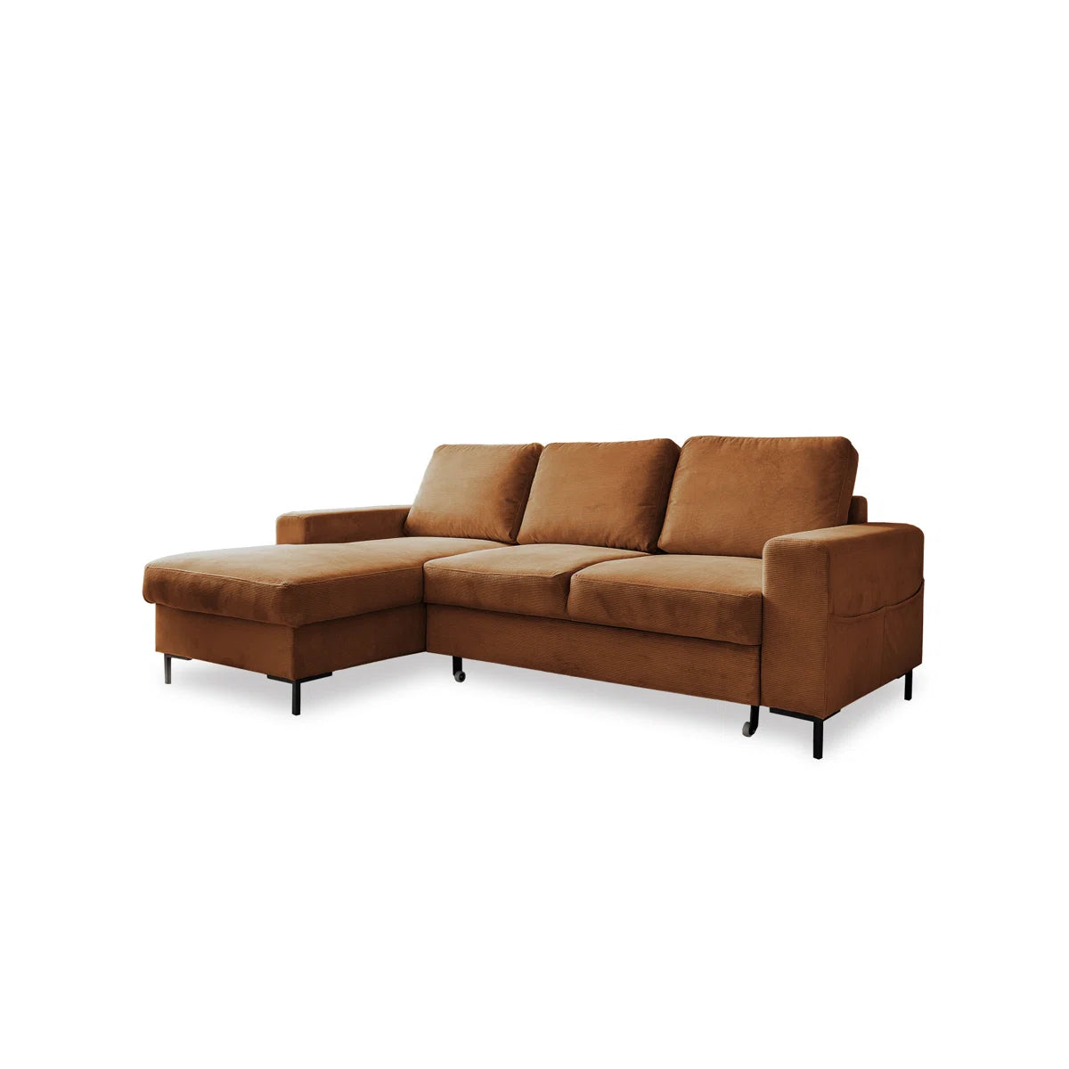 Poppy 4 Seater Burnt Orange Upholstered Left Chaise Storage Sofa Bed