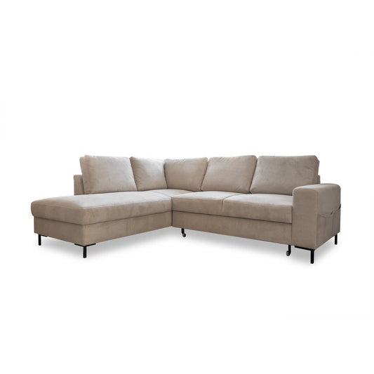Poppy 6 Seat Left Chaise Beige Upholstered Corner Sofa Bed
