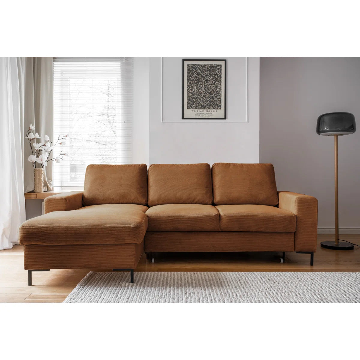 Poppy 4 Seater Burnt Orange Upholstered Left Chaise Storage Sofa Bed
