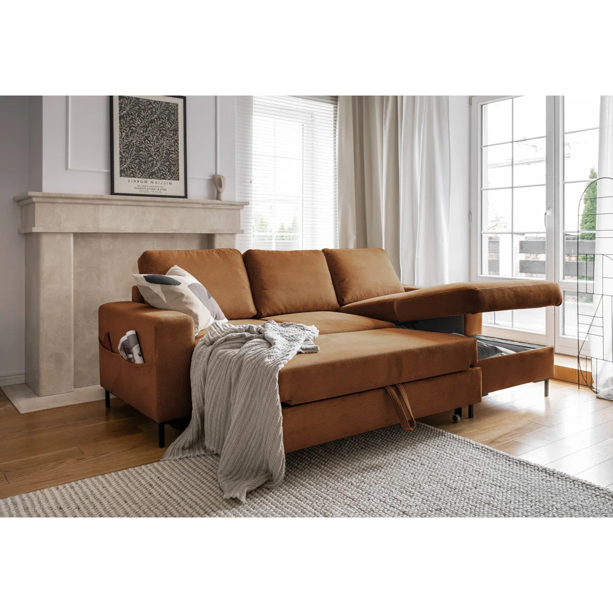 Poppy 4 Seater Burnt Orange Upholstered Corner Sofa Bed with Storage Chaise