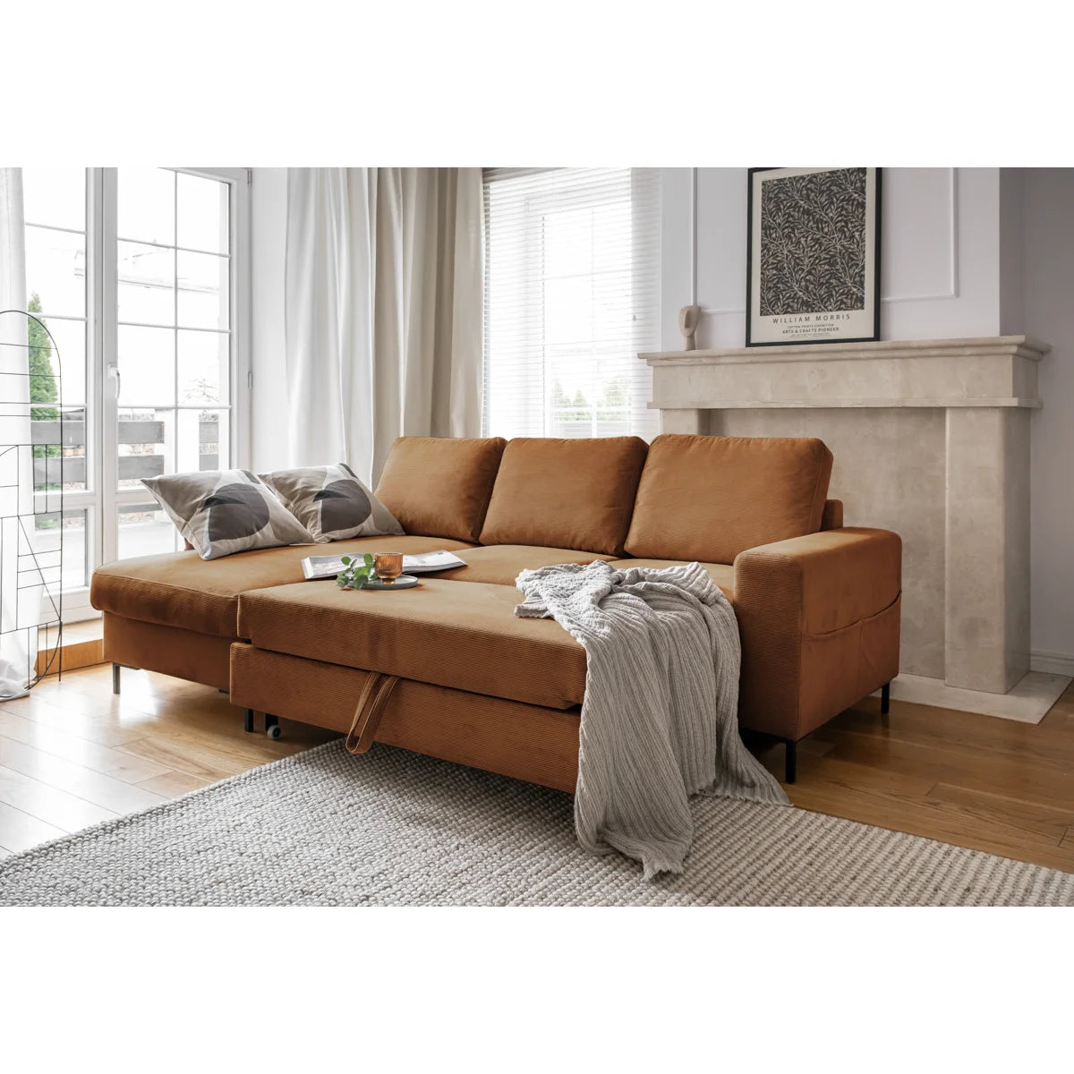 Poppy 4 Seater Burnt Orange Upholstered Left Chaise Storage Sofa Bed