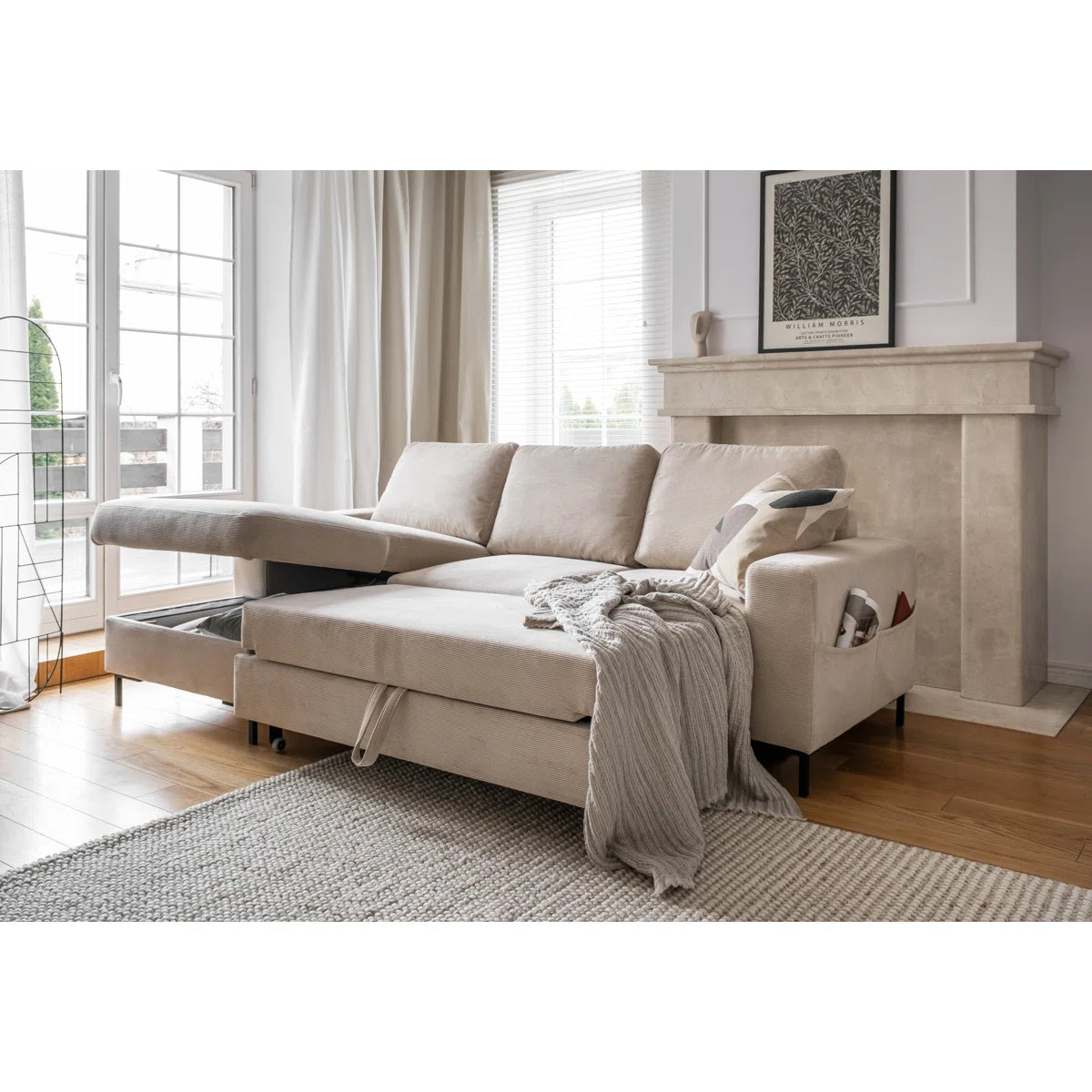 Poppy 4 Seat Beige Corner Sofa with Storage Chaise