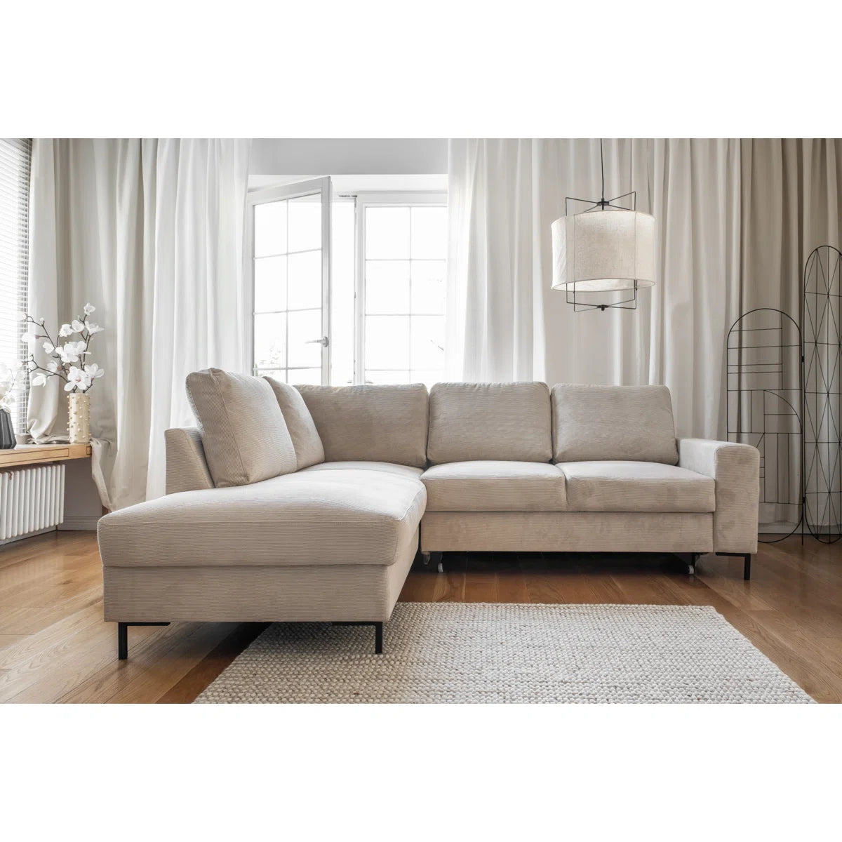 Poppy 6 Seat Left Chaise Beige Upholstered Corner Sofa Bed