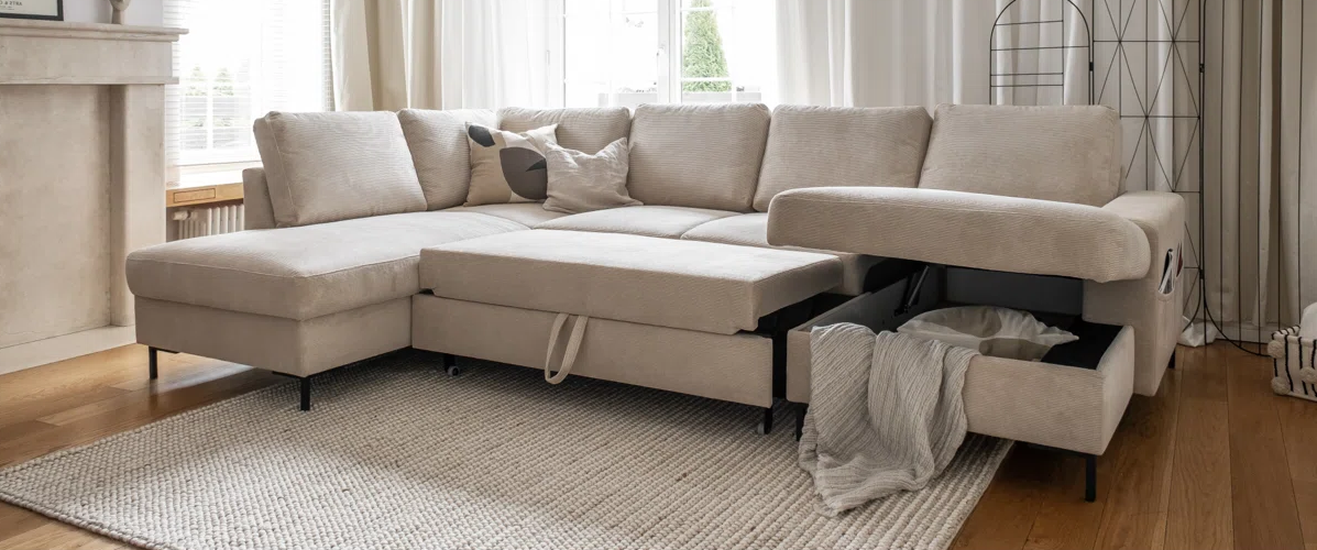 Poppy 8 Seat Beige Upholstered Sofa Bed with Storage Chaise