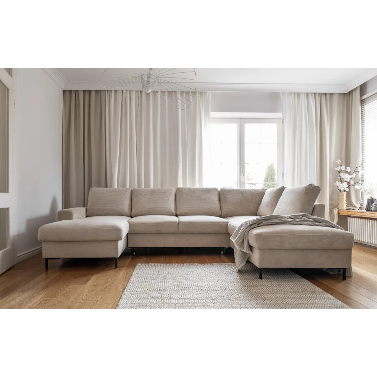 Poppy 8 Seater Beige Upholstered Corner Sofa Bed with Storage Chaise