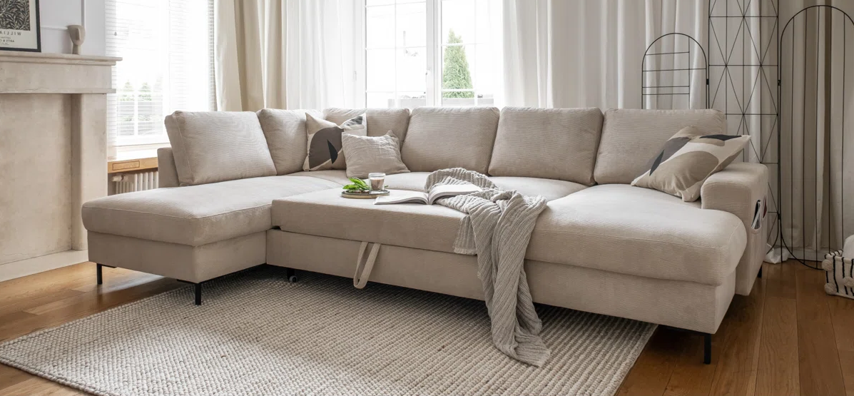 Poppy 8 Seat Beige Upholstered Sofa Bed with Storage Chaise