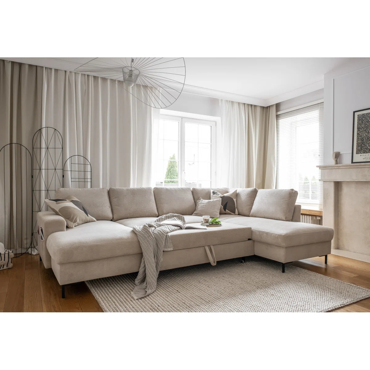 Poppy 8 Seater Beige Upholstered Corner Sofa Bed with Storage Chaise