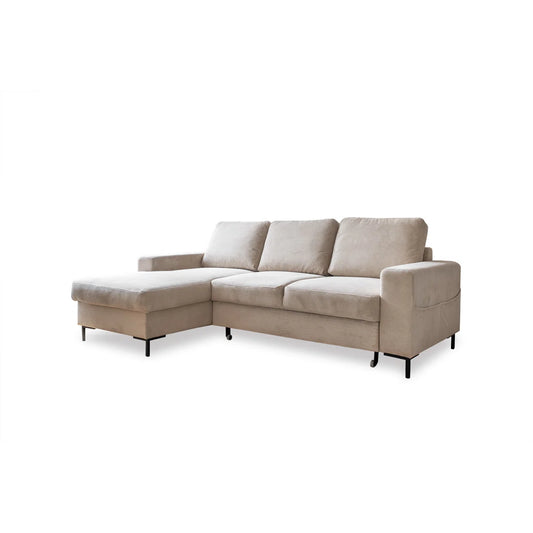 Poppy 4 Seater Beige Upholstered Corner Sofa Bed with Storage Chaise