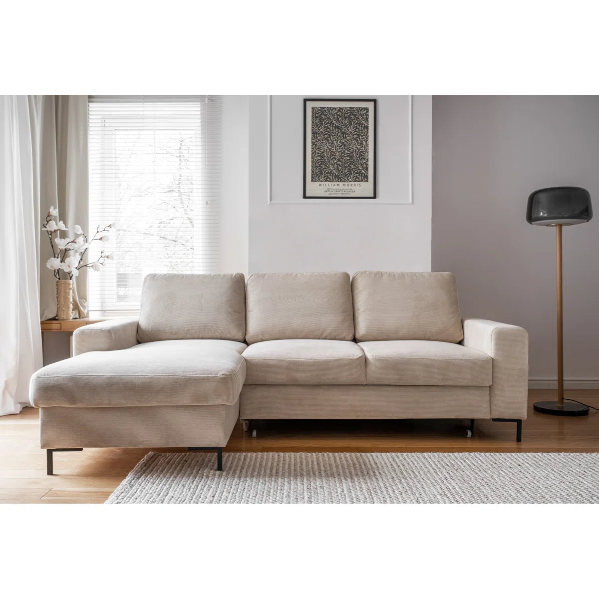 Poppy 4 Seater Beige Upholstered Corner Sofa Bed with Storage Chaise