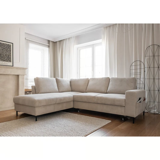 Lily 6 Seater Beige Left Hand Upholstered Corner Sofa Bed